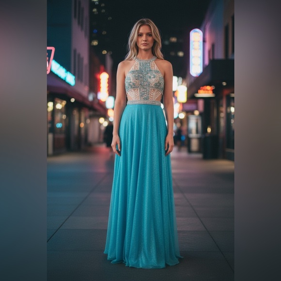 Angela & Allison Size 4 Sky Blue Beaded Floor Length Formal Gown Pageant 61146 - Picture 9 of 9